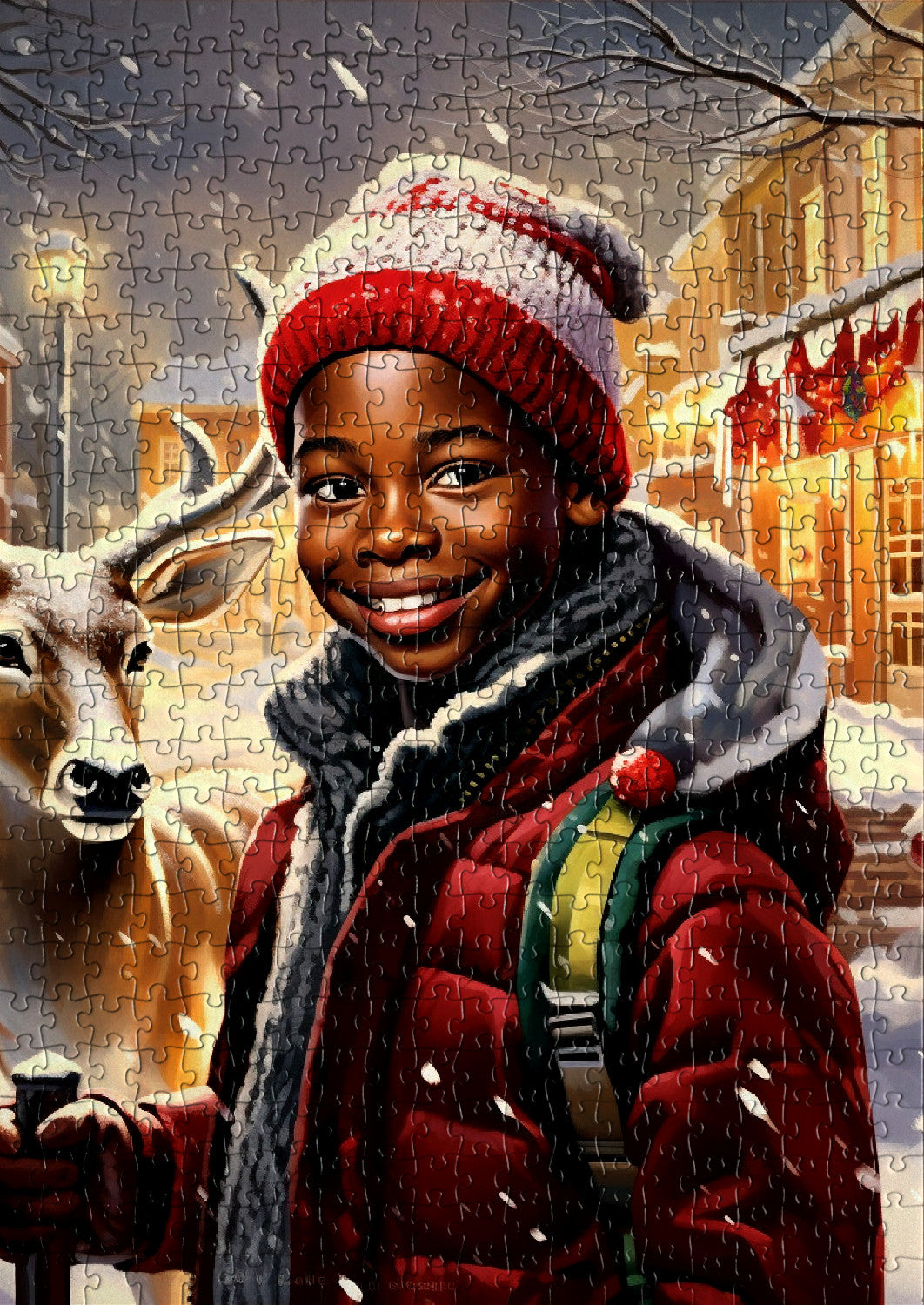 Kid with deer in a snowy landscape