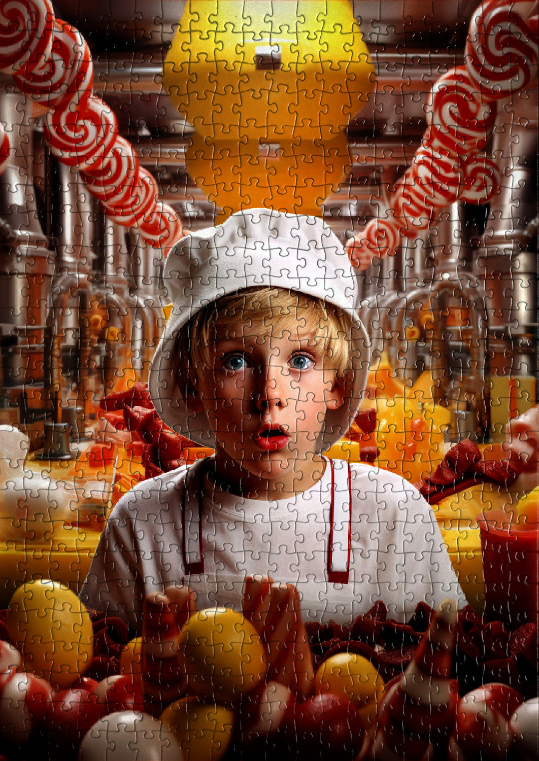 Kid in a candy factory with sweet colors