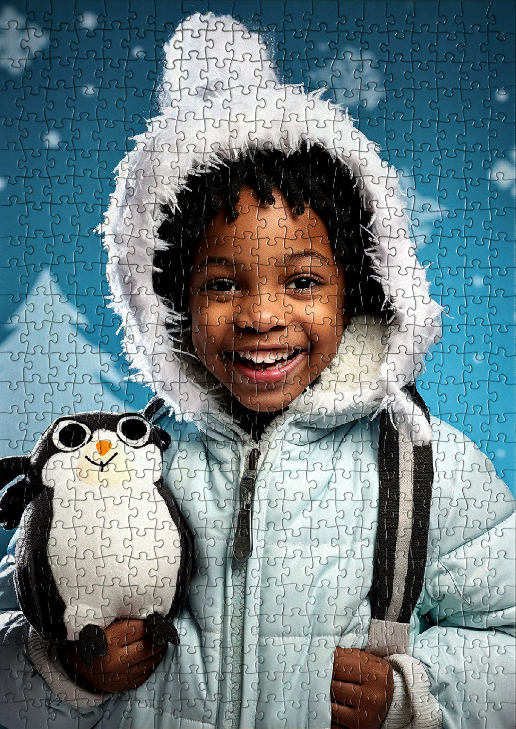 Kid in an Eskimo outfit with icy scenery