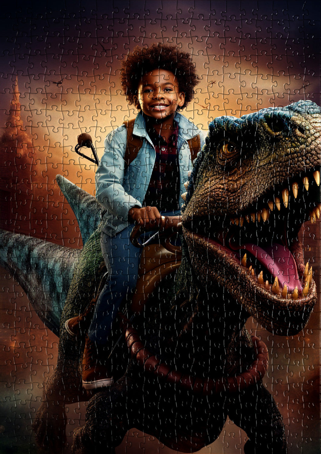 Child on a dinosaur in a prehistoric world