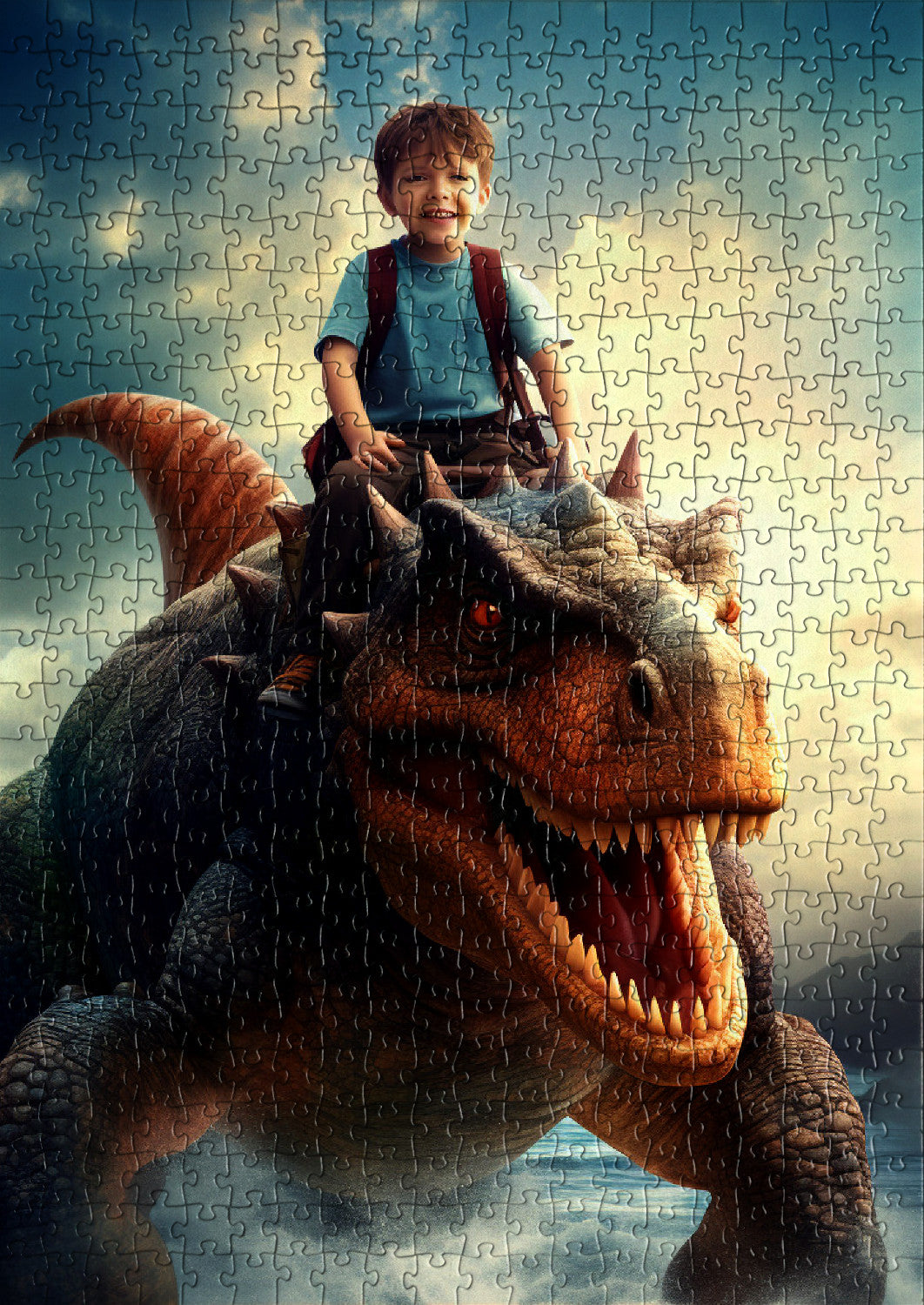 Child on a dinosaur with vibrant colors