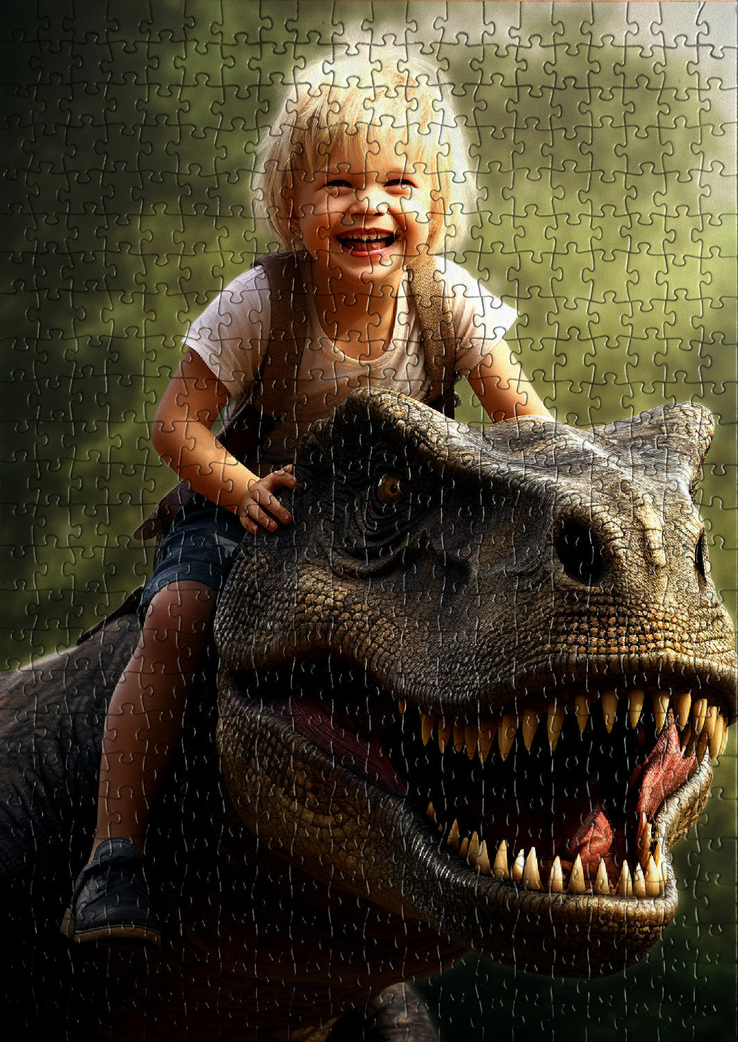 Small child riding a dinosaur