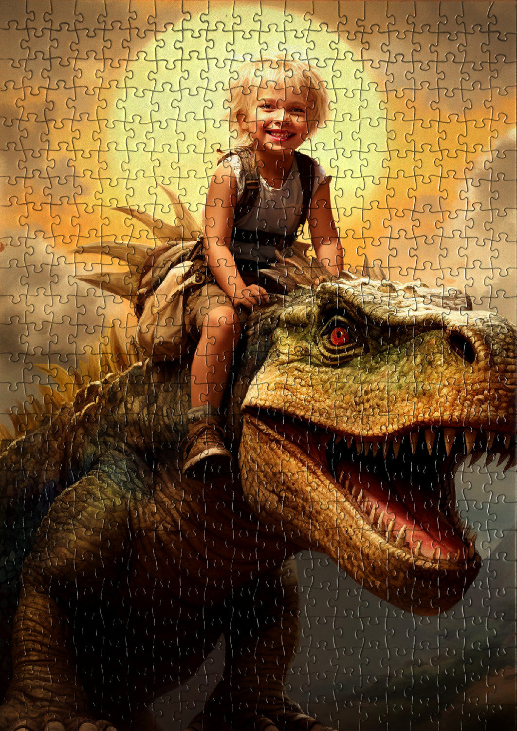 Blond kid riding a dinosaur