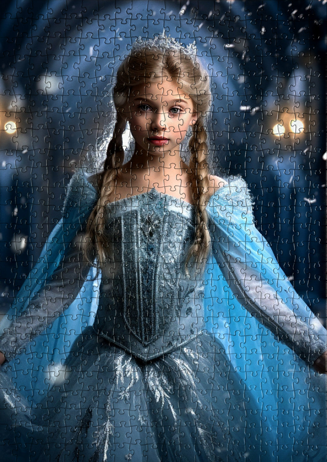 Girl in ice blue gown in a fairy tale setting