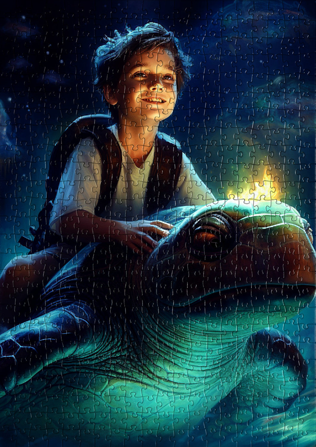Boy on a giant turtle in a magical sea