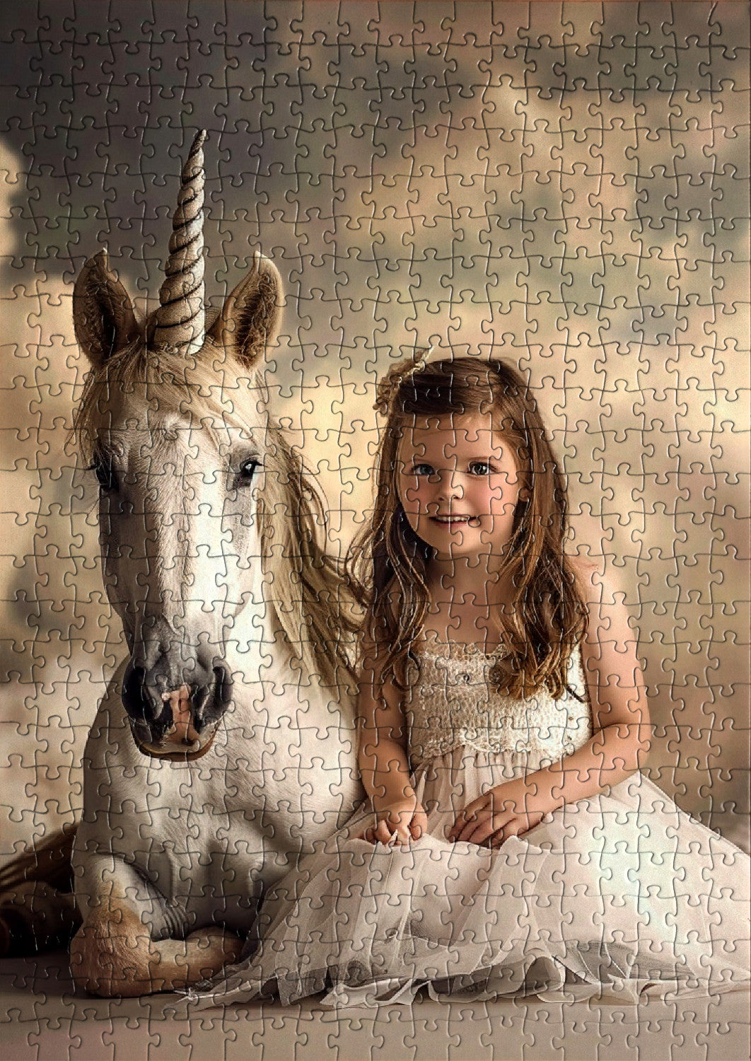 Young girl in white sitting beside a unicorn