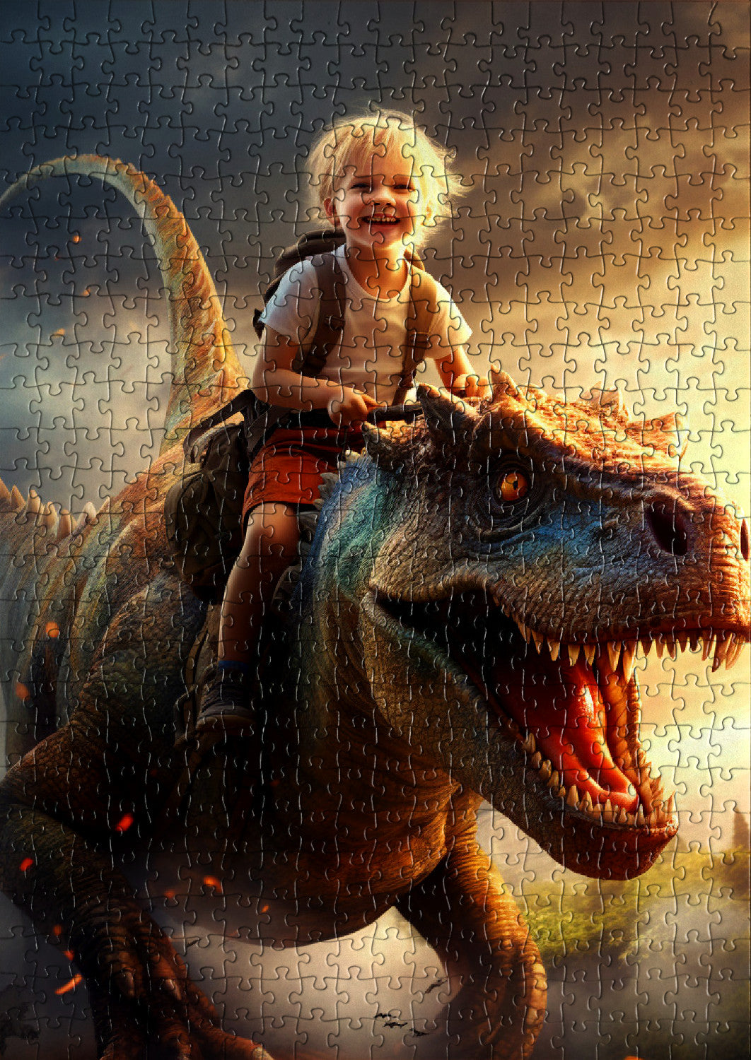 Child riding a dinosaur in a fantasy world
