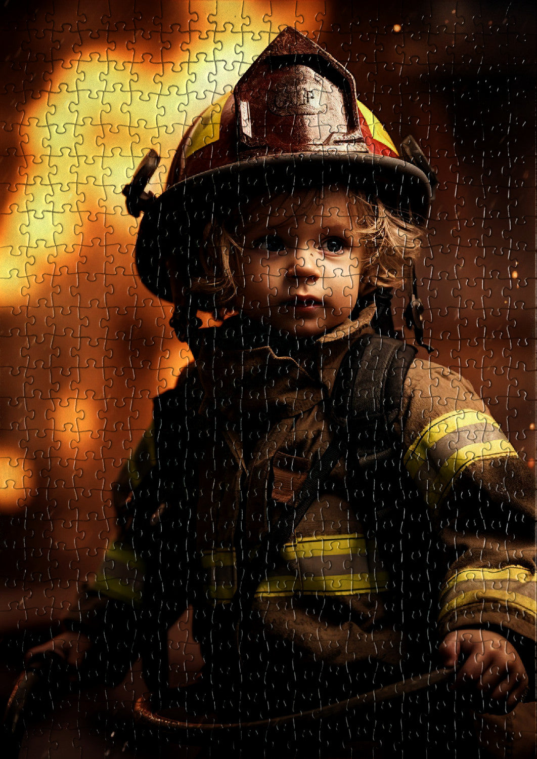 Young firefighter with flames behind him
