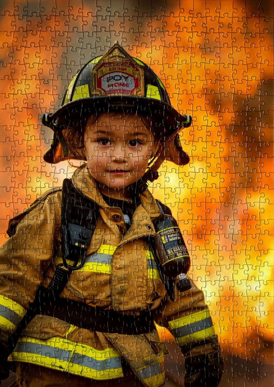 Kid firefighter with flames in the background