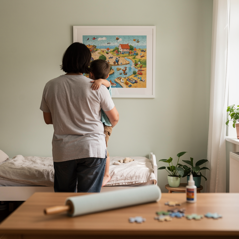 Parent and child admiring a framed completed children's puzzle hung on a bedroom wall.