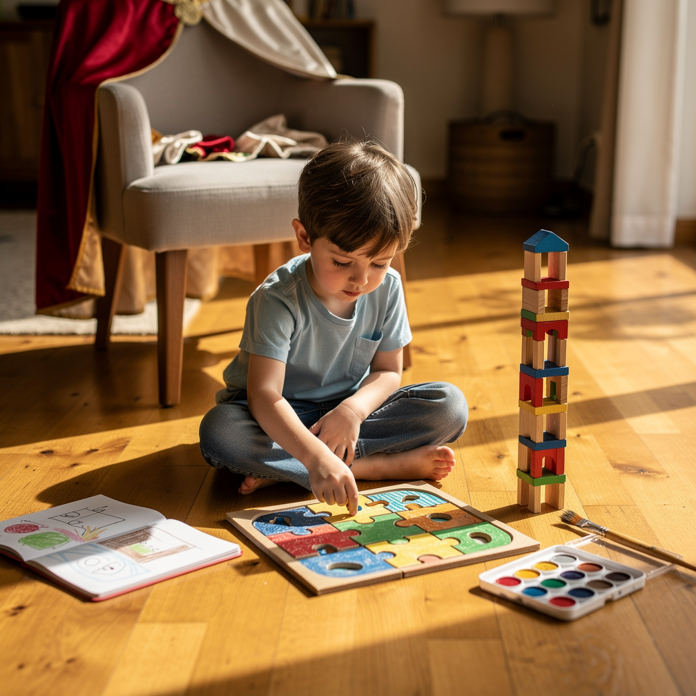 Five-year-old child assembling a puzzle on a wooden floor with art supplies and toys nearby in soft natural light.
