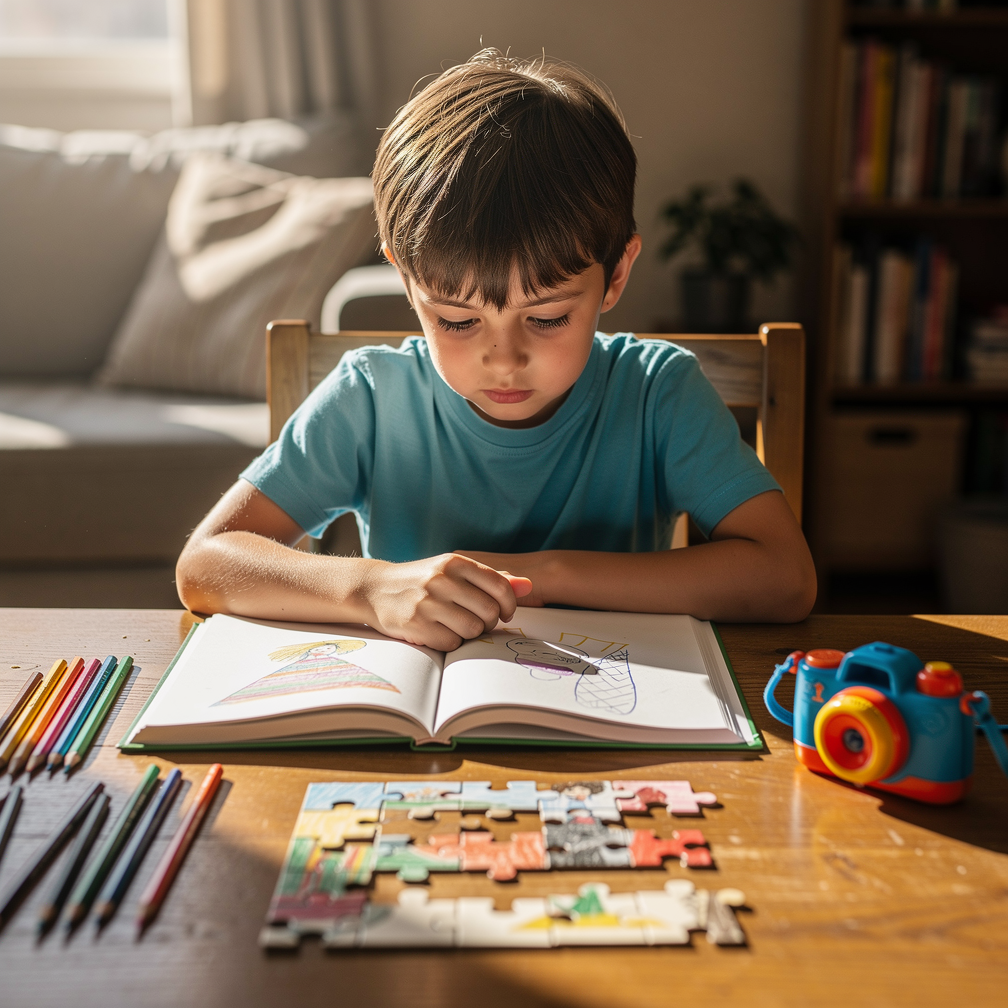Seven-year-old child focused on a puzzle surrounded by books, art supplies, and a camera on a wooden table.