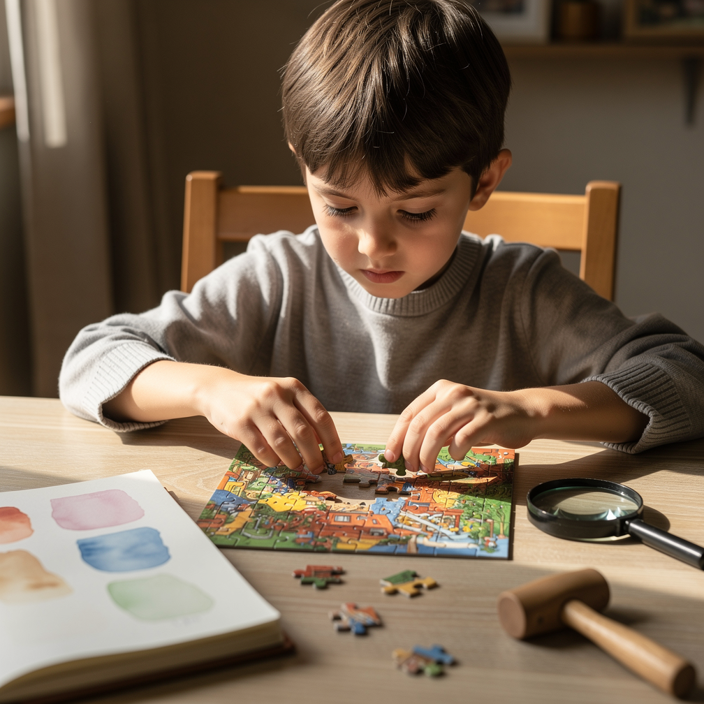 Seven-year-old child working on a jigsaw puzzle at a sunlit table with art and craft supplies nearby.