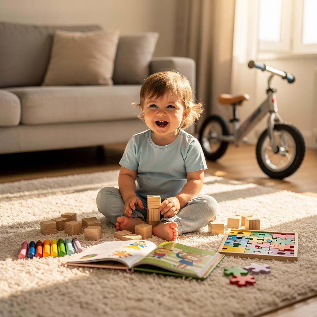 Three-year-old child sitting on a rug assembling a puzzle, surrounded by blocks, crayons, and a picture book in warm light.