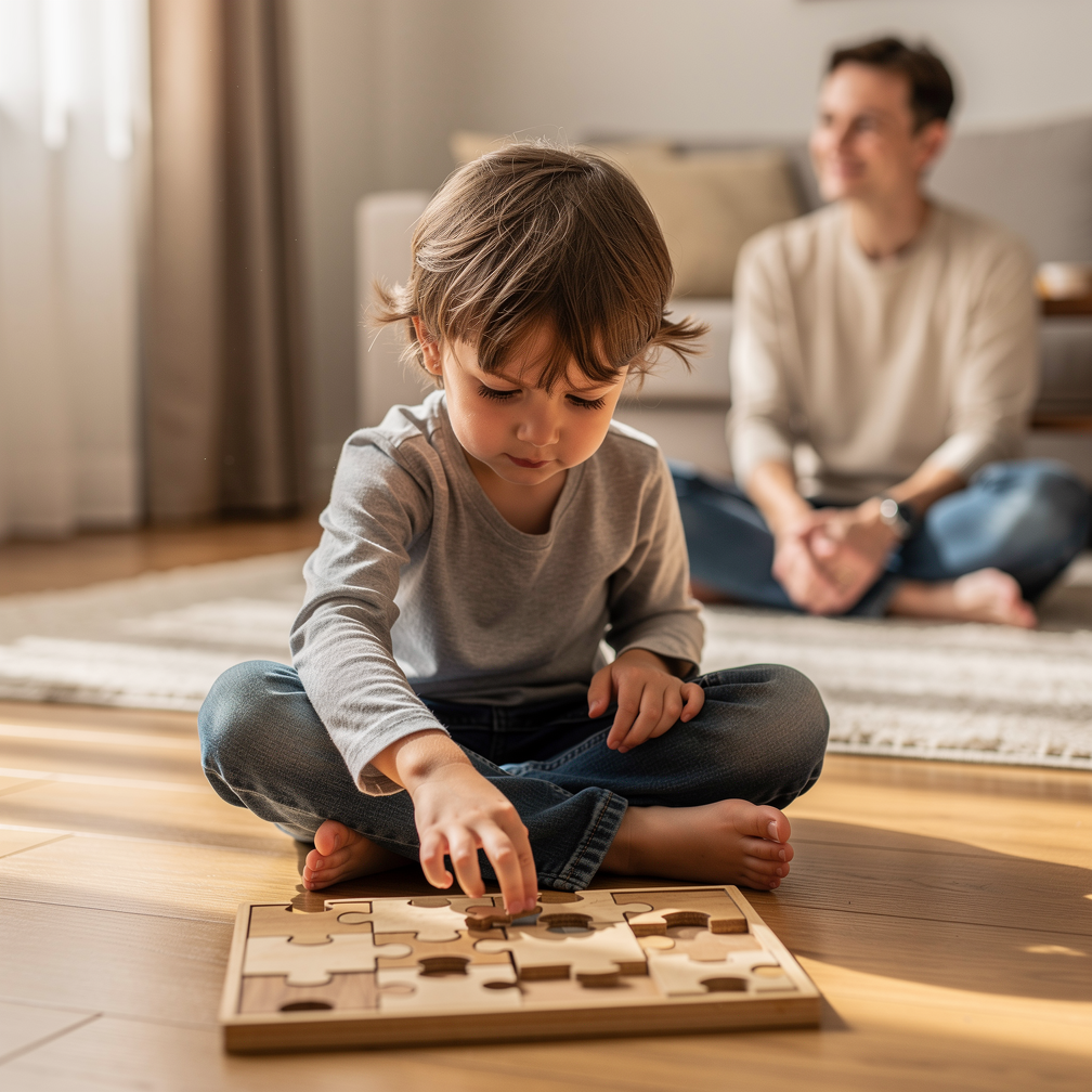 Young child concentrating intently on a wooden puzzle on the floor while a parent sits calmly nearby