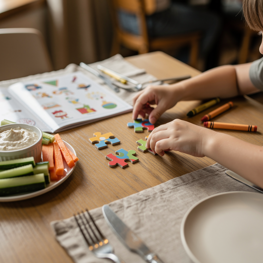 Toddler's hands assembling a small puzzle on a restaurant table beside a sticker book, crayons, and snack cups