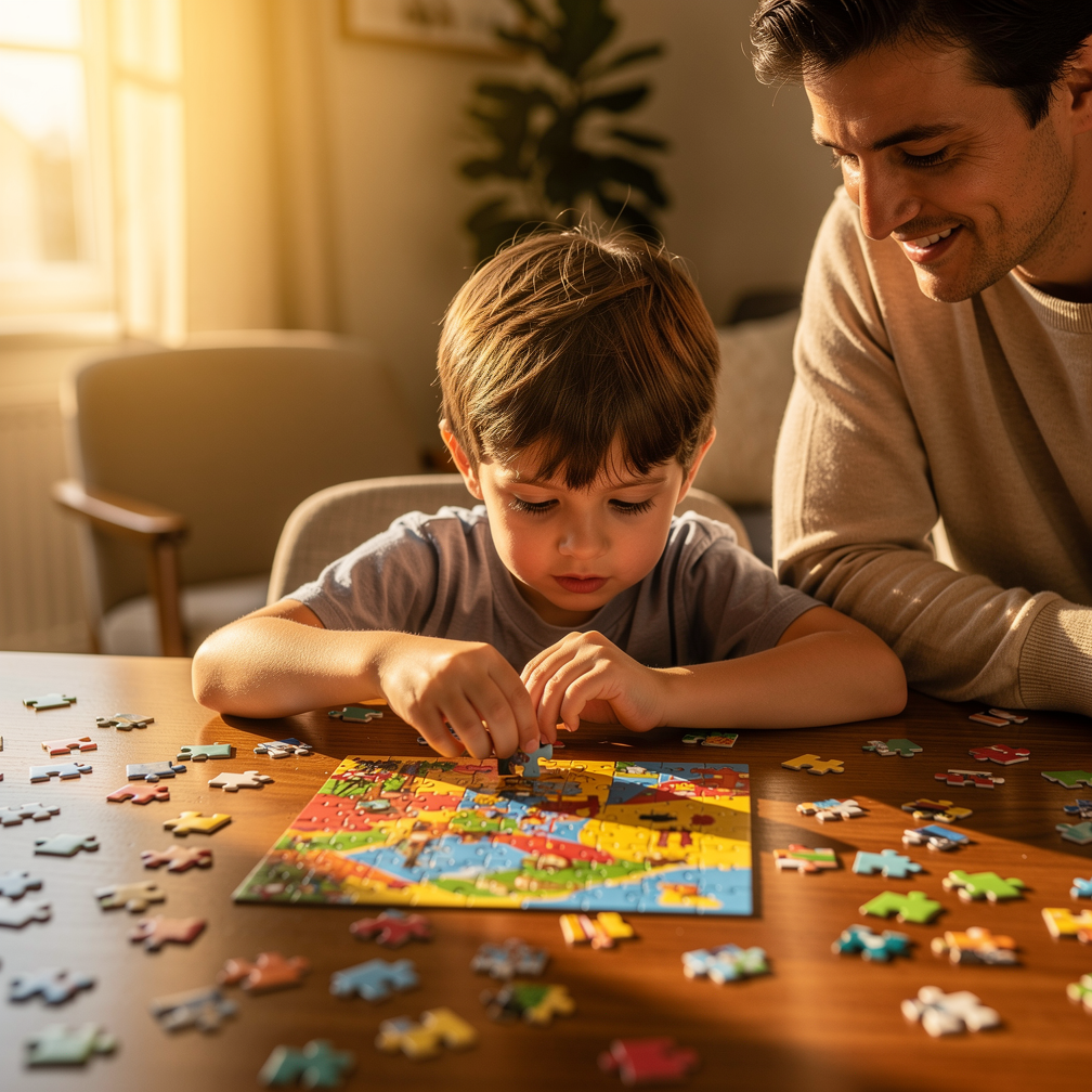 Seven-year-old child and parent assembling a colorful jigsaw puzzle together at a wooden table in warm afternoon light.