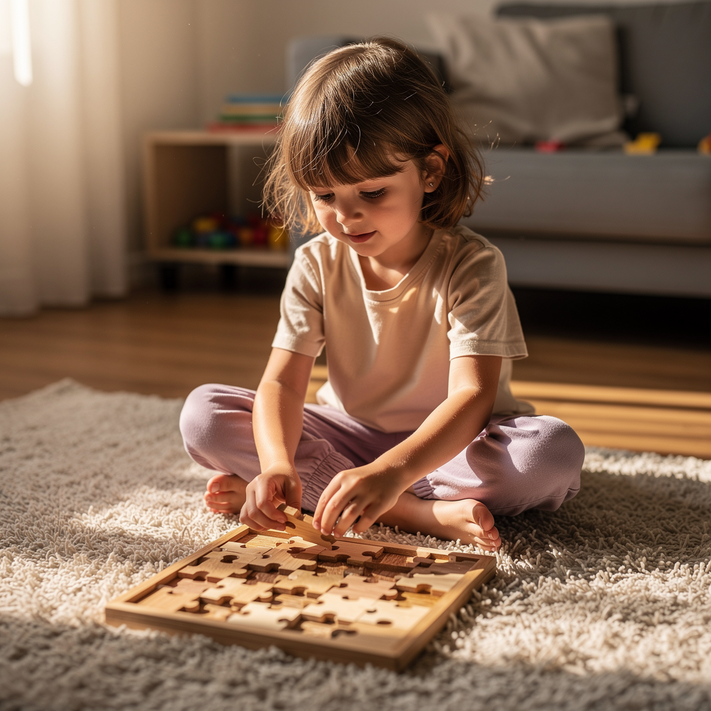 Young child deeply focused on completing a familiar wooden puzzle on a rug in warm natural light.