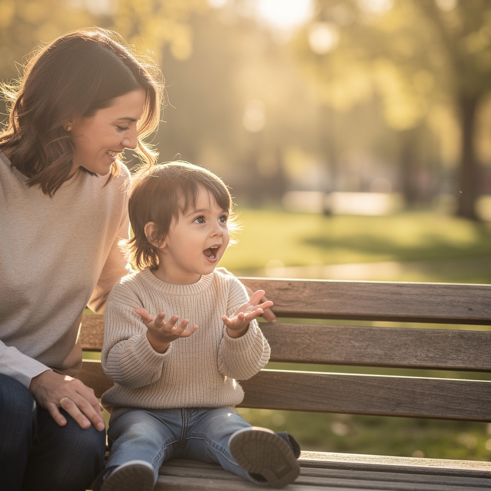 Young child animatedly telling a story to an attentive, smiling parent on a sunlit park bench.