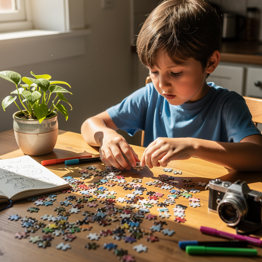 Eight-year-old child focused on a large jigsaw puzzle at a sunlit kitchen table with a notebook and camera nearby.