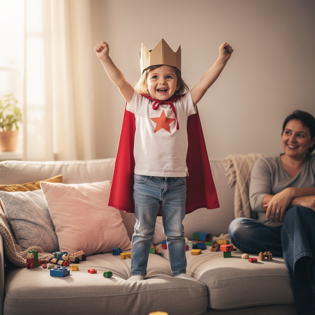 Young child in homemade cape and crown standing triumphantly on couch while parent watches fondly in soft window light.