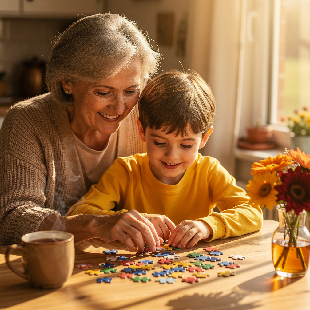 Grandmother and young grandchild assembling a jigsaw puzzle together at a sunlit kitchen table.