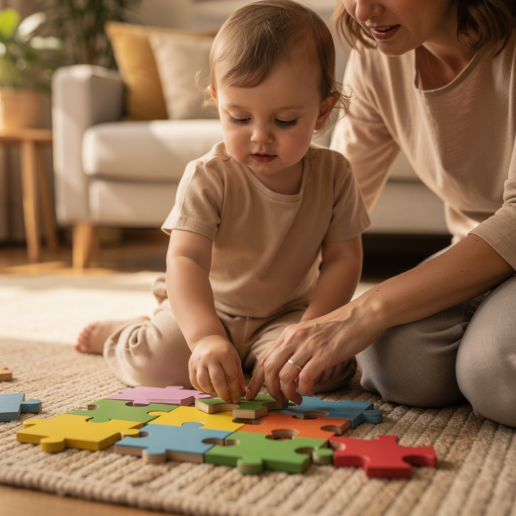 Toddler and parent sitting on a rug working together on a chunky wooden puzzle in soft natural light.