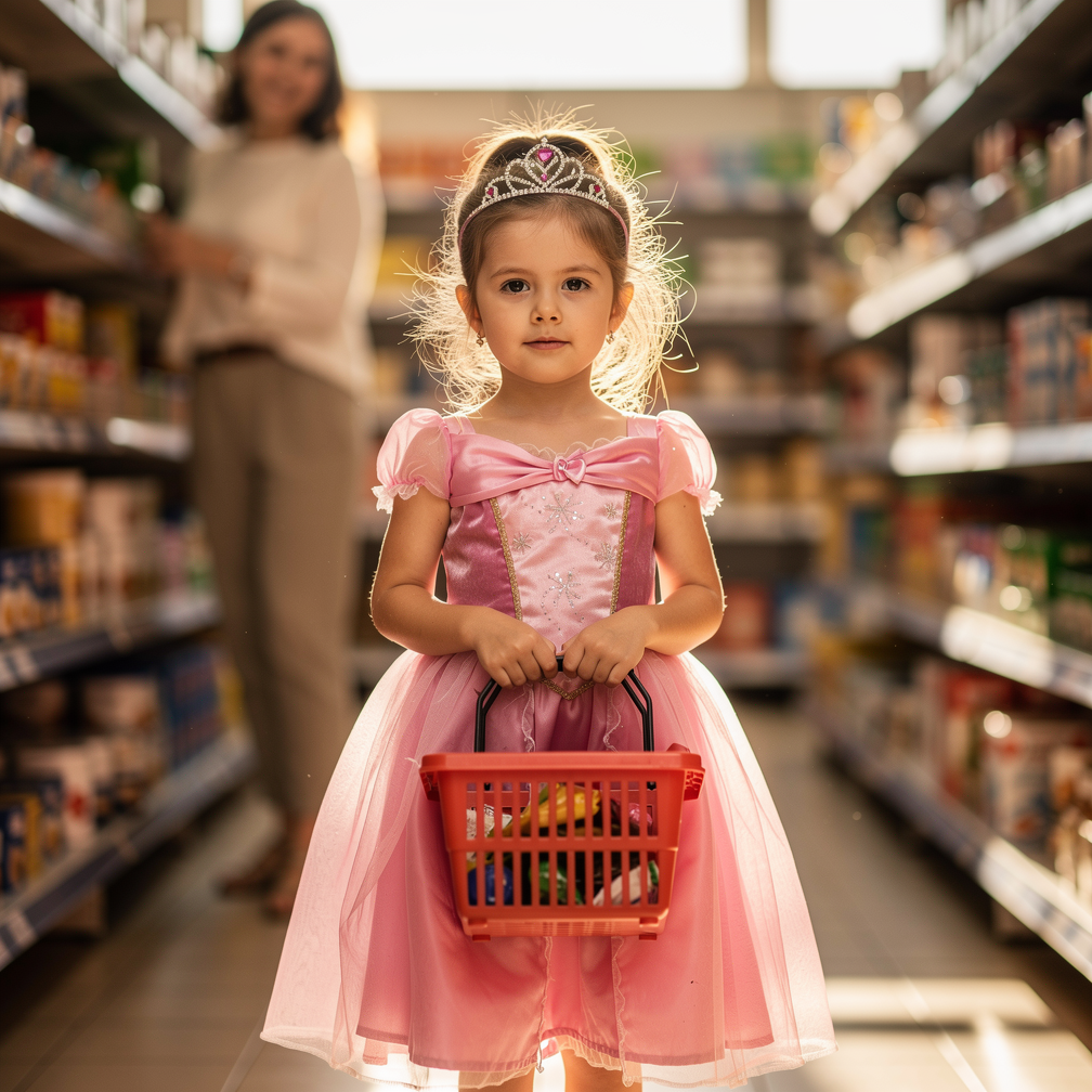 Young girl in a princess dress and tiara shopping confidently in a sunlit grocery aisle with her mother smiling behind her.