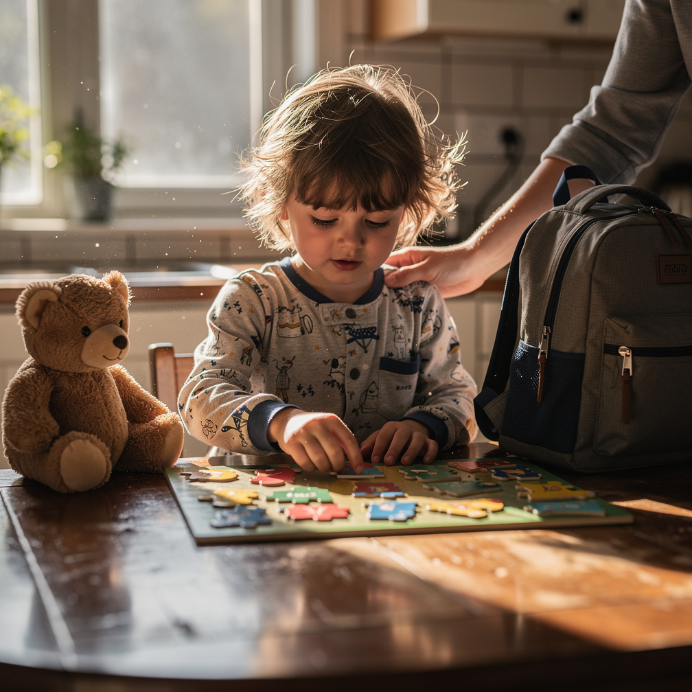 Young child calmly working on a puzzle at the kitchen table with a backpack and stuffed bear nearby before school.