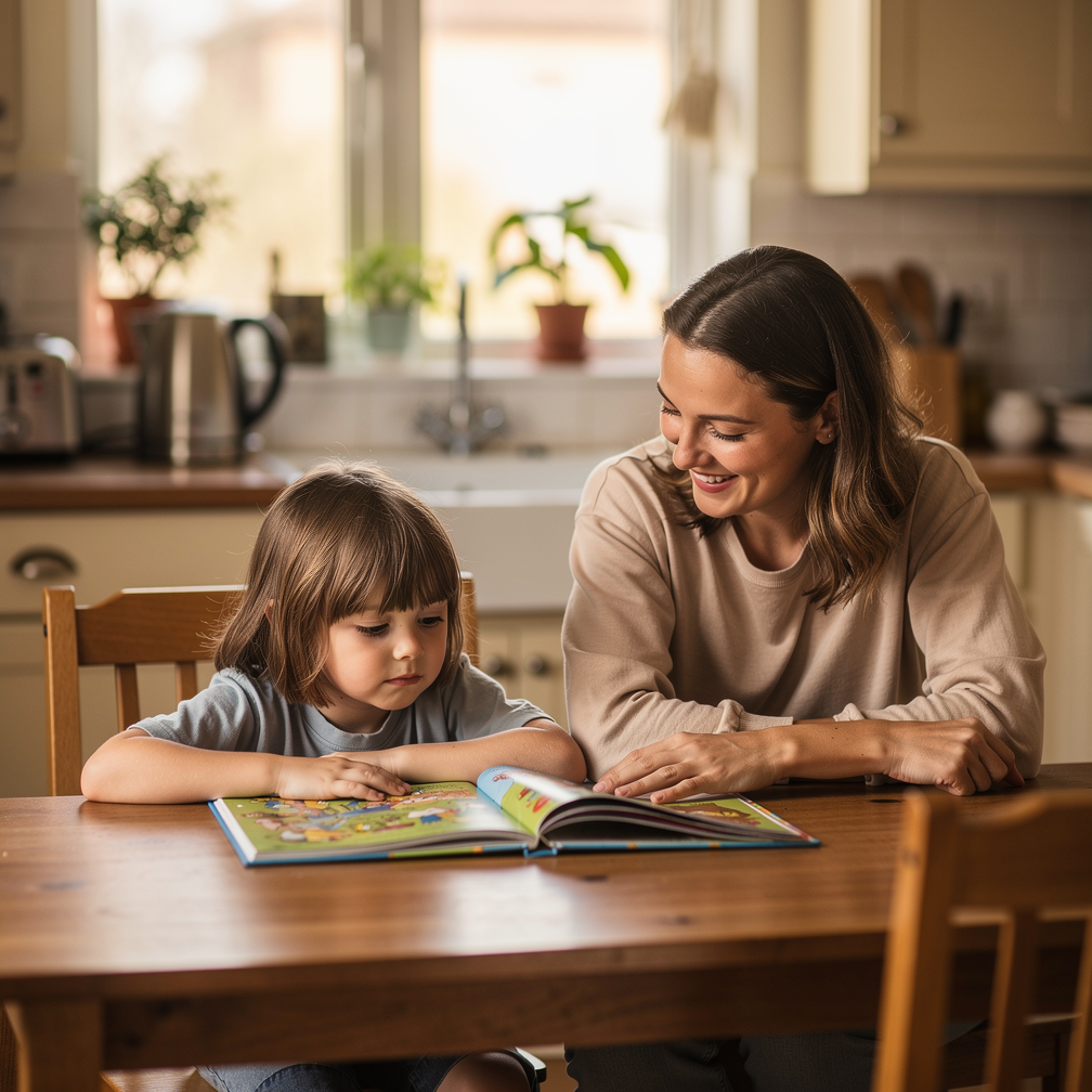 Parent reading a picture book at home with a young child in soft afternoon light.