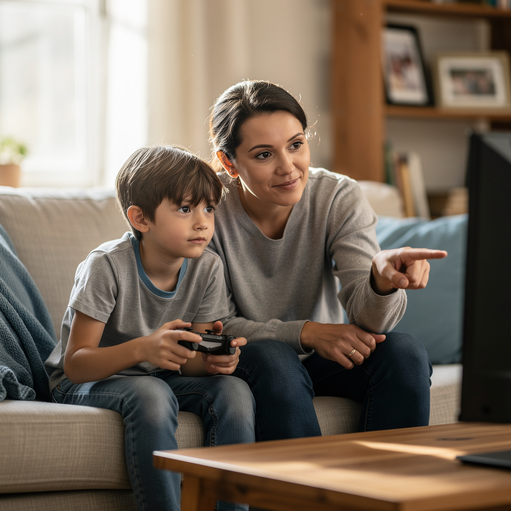 Parent and child around age nine sitting together on a couch, looking at a game controller in warm natural light.
