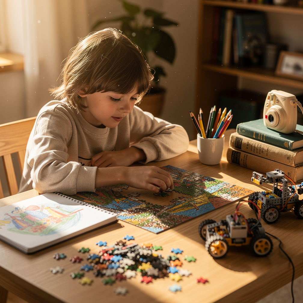 Eight-year-old at a wooden desk surrounded by puzzle, sketchbook, books, camera, and a robotics kit in soft daylight.