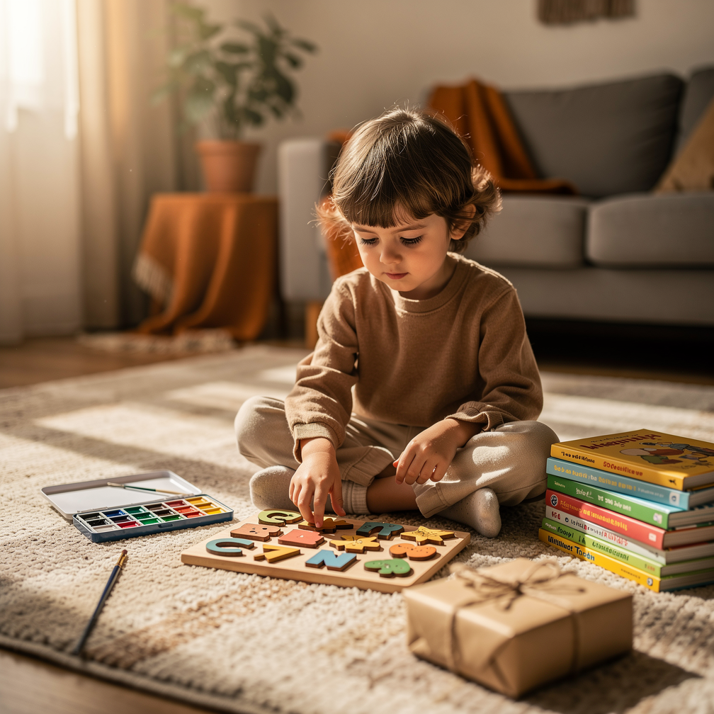 Four-year-old child on a rug with a puzzle, watercolor paints, picture books, and a wrapped gift in warm light.