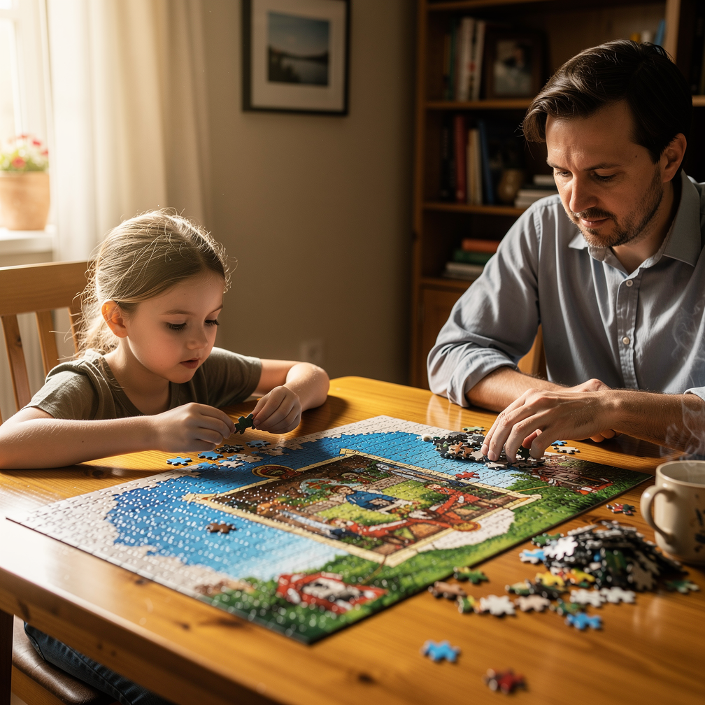 A ten-year-old and parent working together on a large jigsaw puzzle at a wooden table in soft afternoon light.